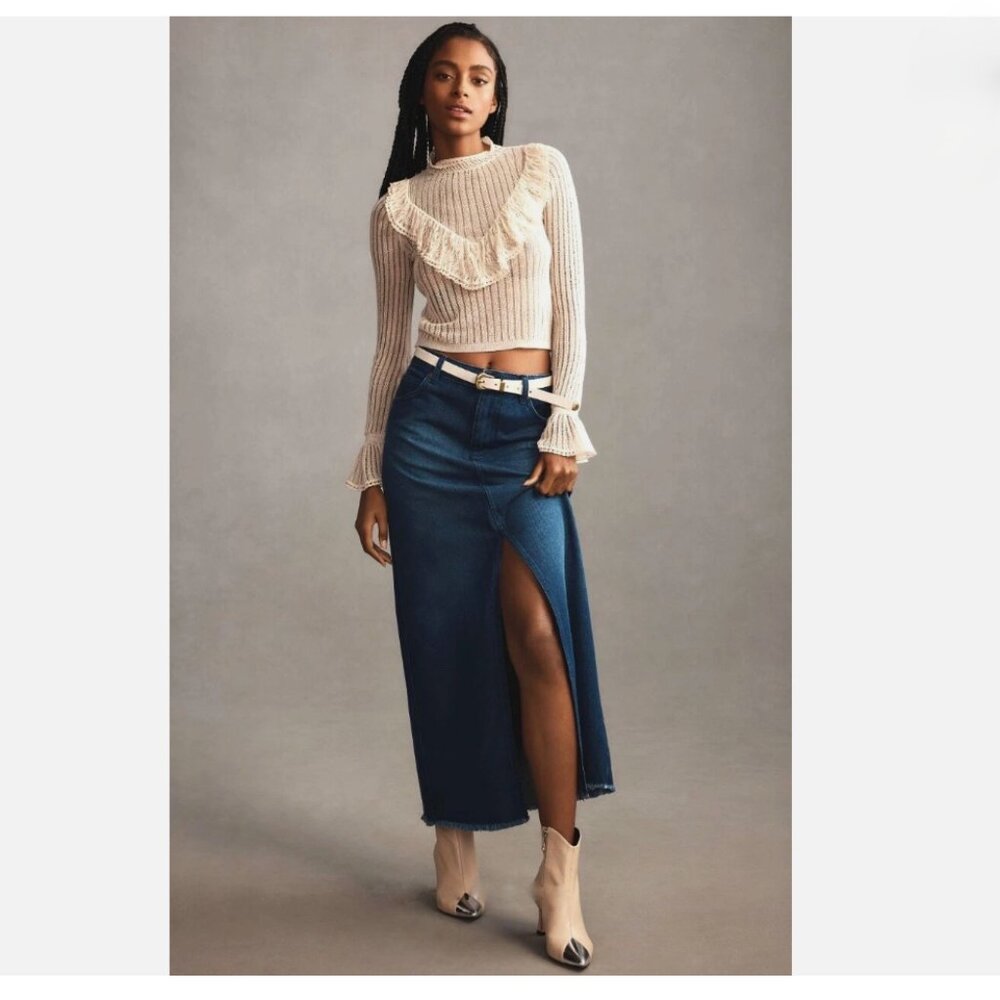 NWT Anthropologie Pilcro Madi Front Slit Denim Maxi Skirt Raw Hem Size 4